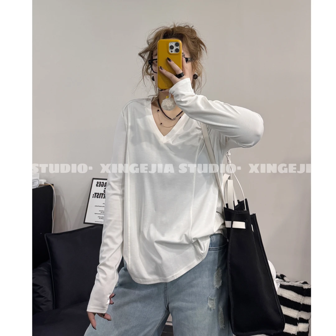 「xin:微胖大码」大V领正肩 双线长袖T