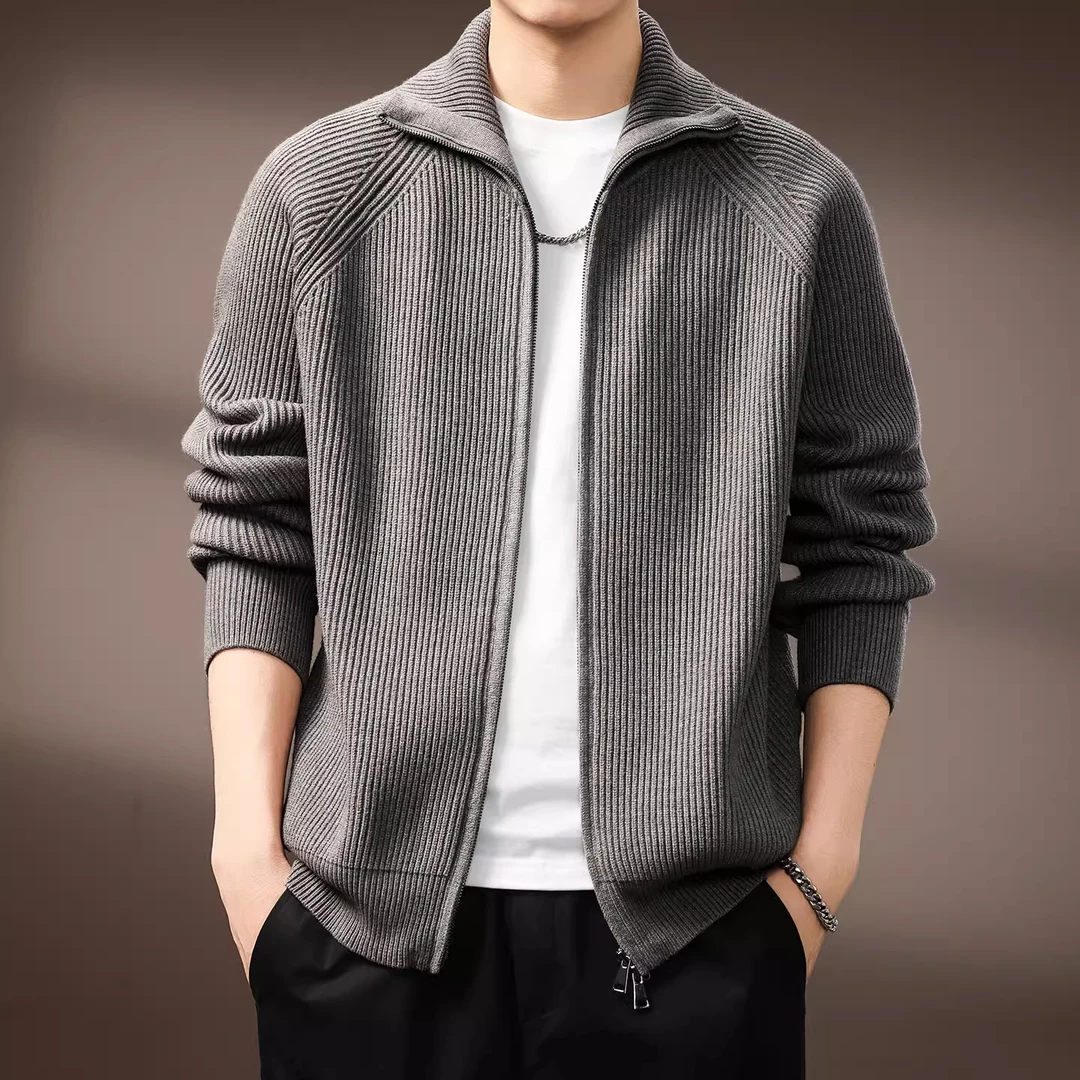 重磅双拉链开衫毛衣男士秋冬新款翻领针织衫宽松休闲加厚保暖外套