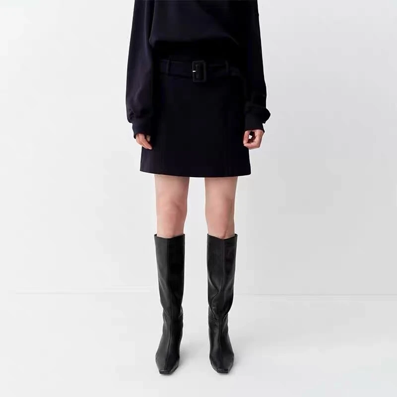 秋季新款通勤百搭高腰A字裙藏青色半身裙R3003