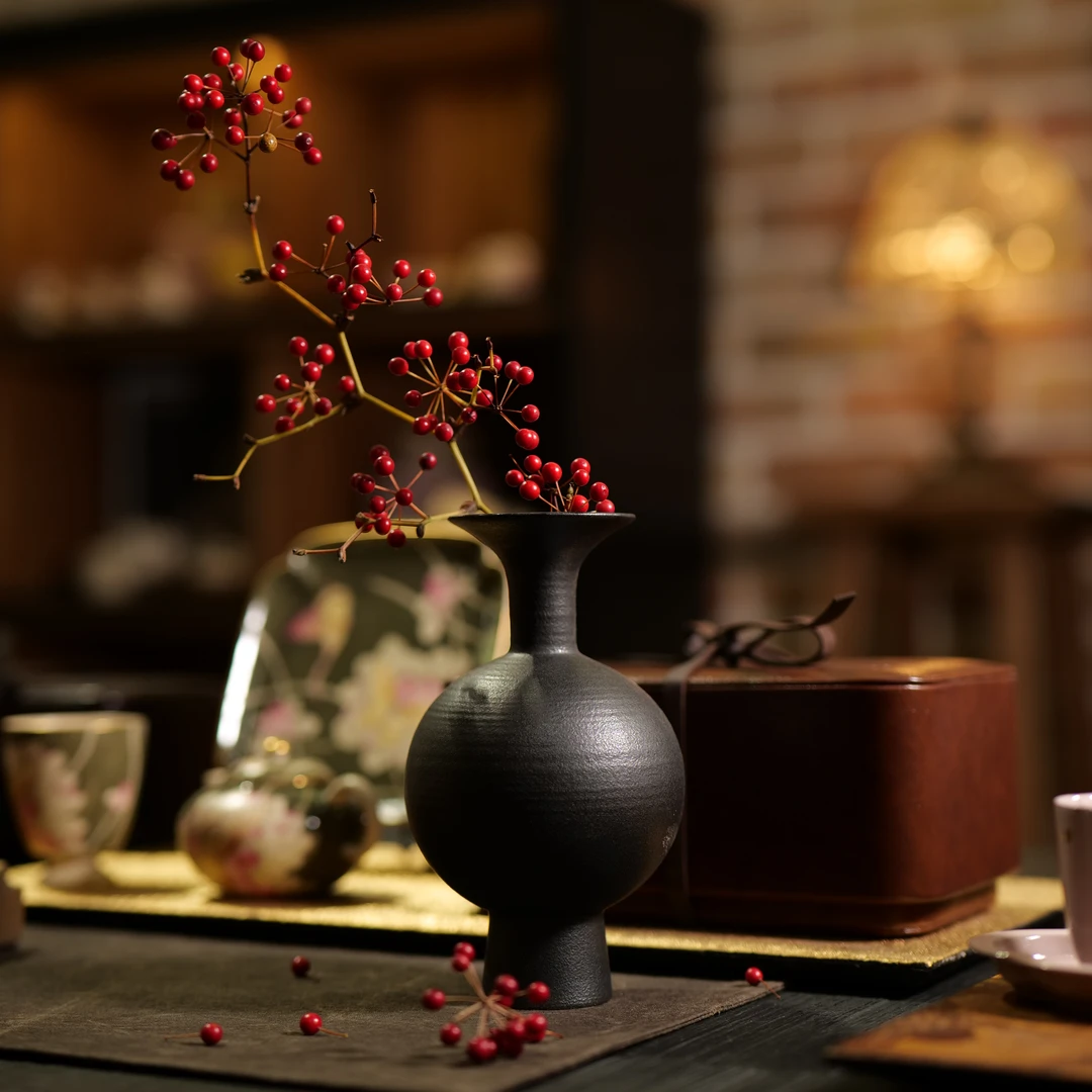 LW0200 山怂 了物暮黑-螺纹瓶花器茶道零配