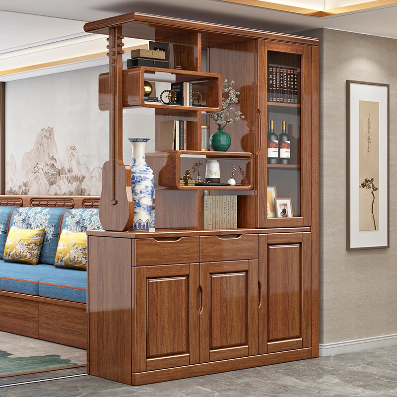 胡桃木实木玄关柜间厅柜一体客厅入户正对门双面屏风隔断柜置物架