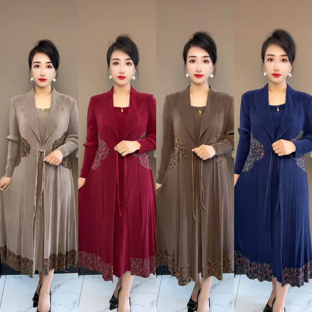 一粒扣假两件春季长裙褶皱A字裙连衣裙礼服旗袍时尚气质高贵女装