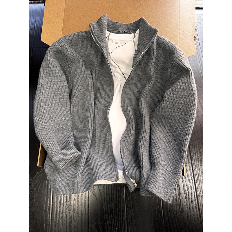 cleanfit灰色半高领开衫夹克男款秋季叠穿打底针织衫美式毛衣外套