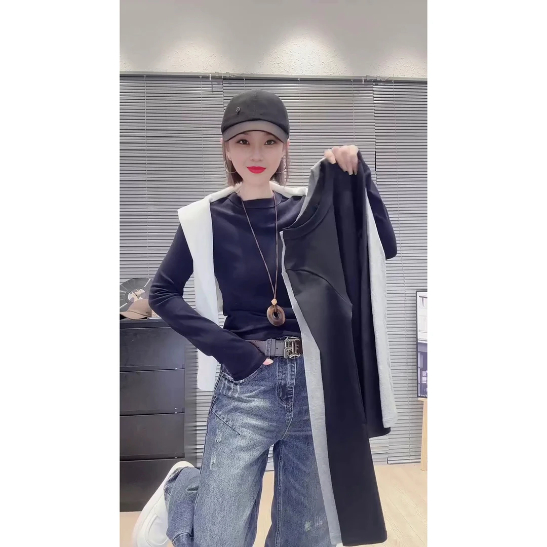 秋季新款圆领打底衫女显瘦百搭纯色长袖时尚领T恤洋气内搭网红