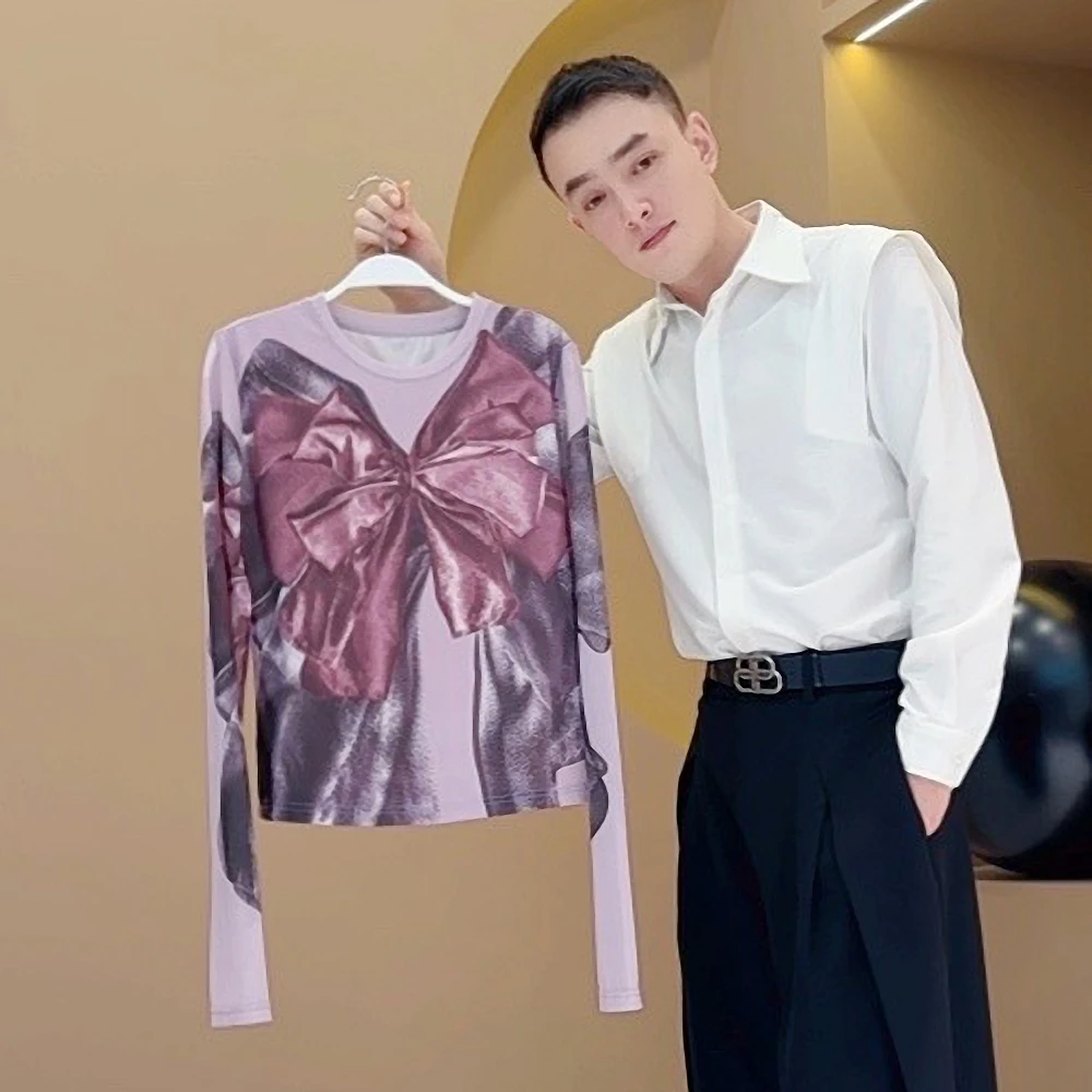 【韩哥女装】《雨匀紫菊丛丛色》水晶紫花朵水印打底衫6136A