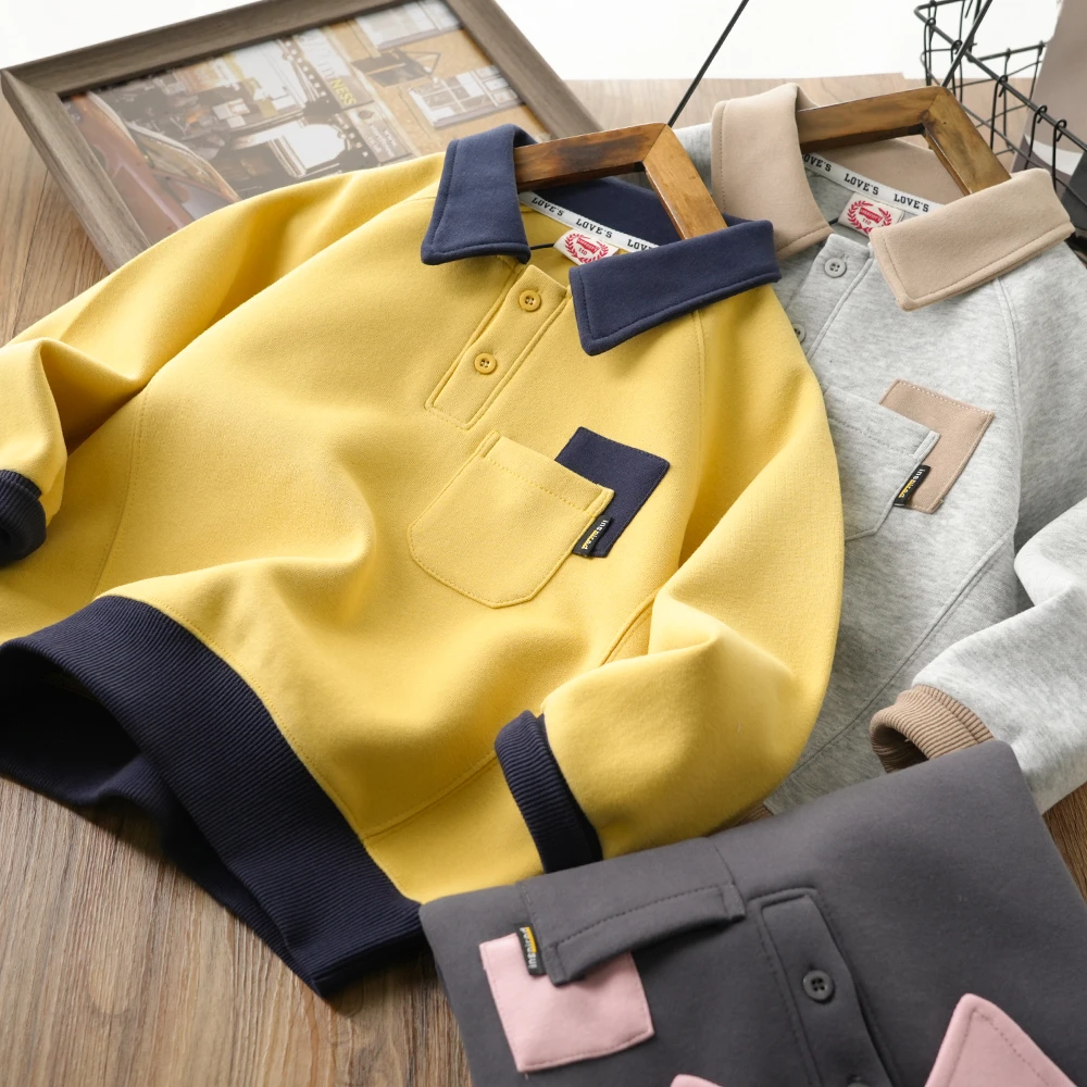 儿童春季新款撞色拼接口袋休闲polo衫中大童男童翻领洋气S901