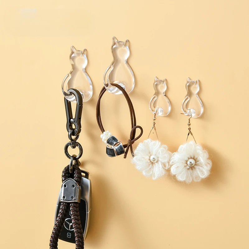 日系免打孔挂钩厨房强力透明可爱猫咪粘钩墙壁门后衣帽挂勾无痕钩