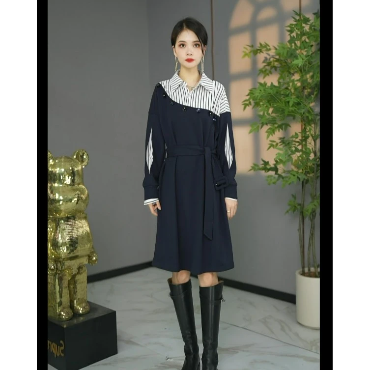 原创设计师款高货欧版洋气春款条纹衬衣领宽松显瘦连衣裙打底裙