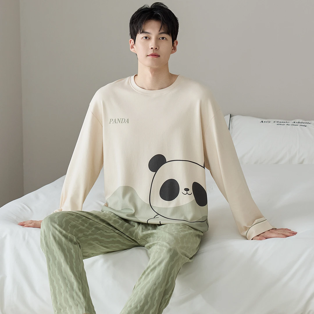 新款纯棉睡衣全棉男春秋季长袖长裤套装简约休闲居家可外穿家居服