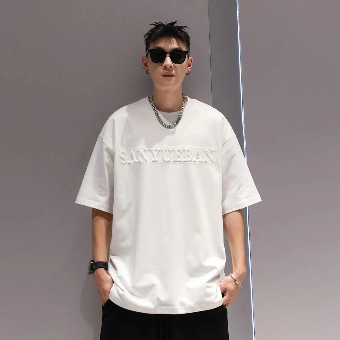 时尚大码美式白色短袖T恤男夏季情侣休闲宽松潮牌潮流圆领设计感