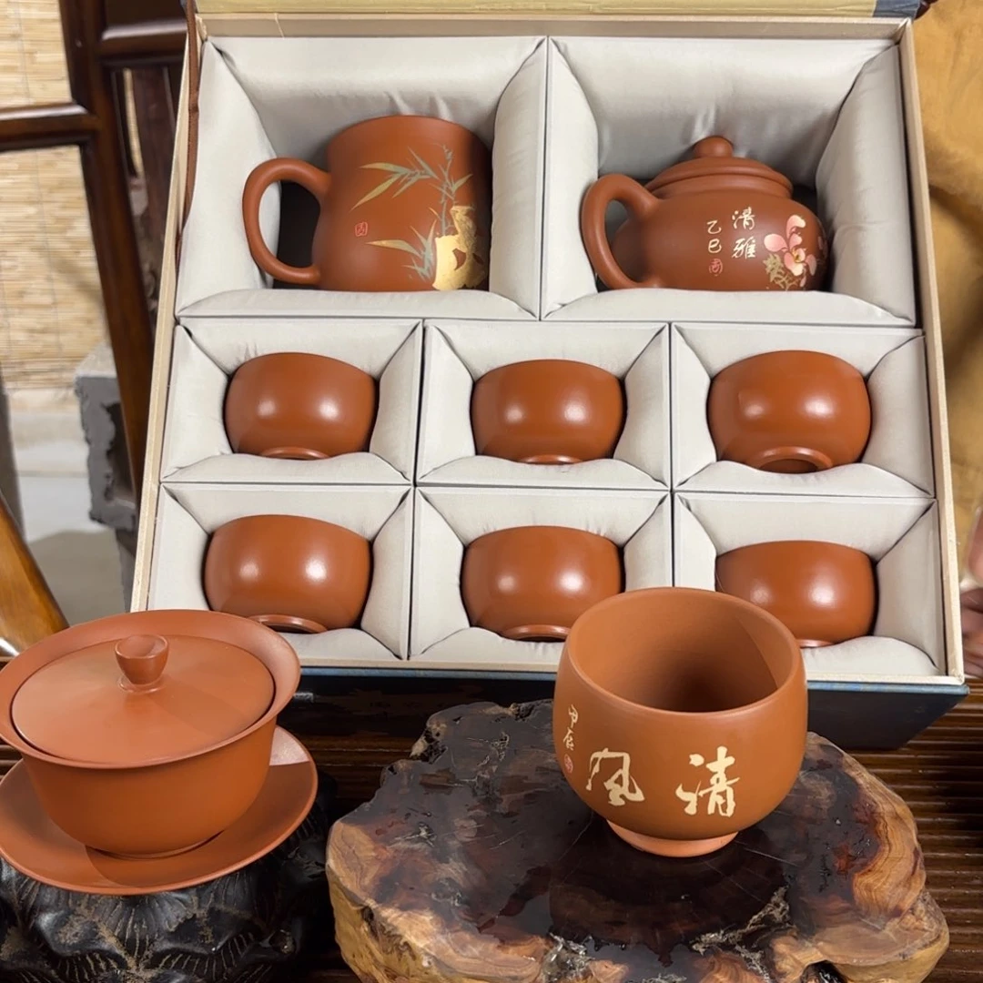杯建水紫陶红泥复烧套盒
