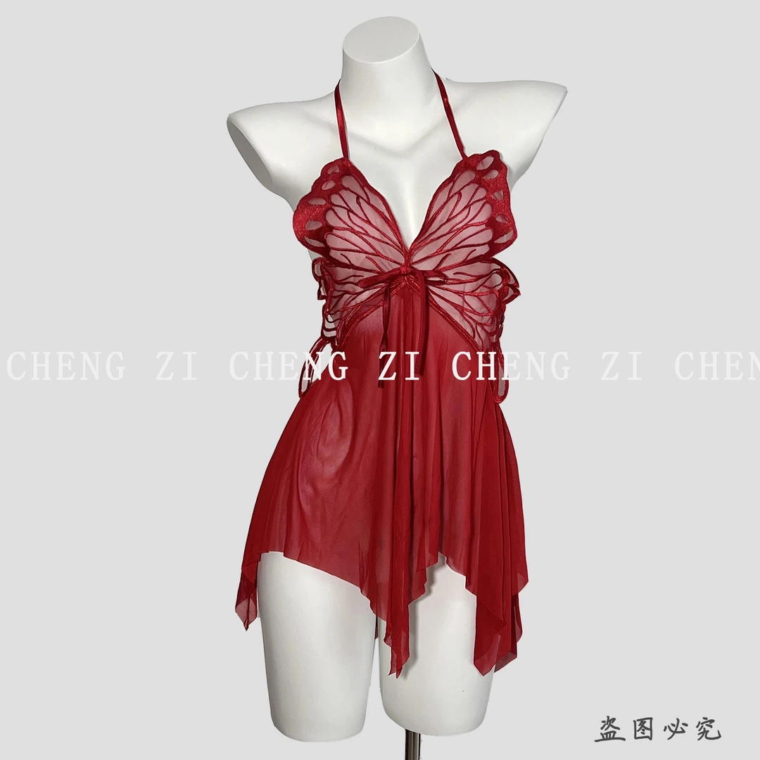【花香】新款蕾丝蝴蝶结夏季性感睡裙露背清纯透视挂脖吊带裙