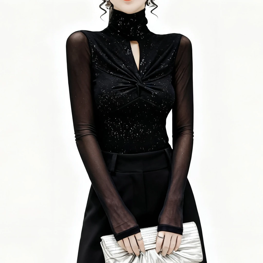 高领镂空细闪上衣