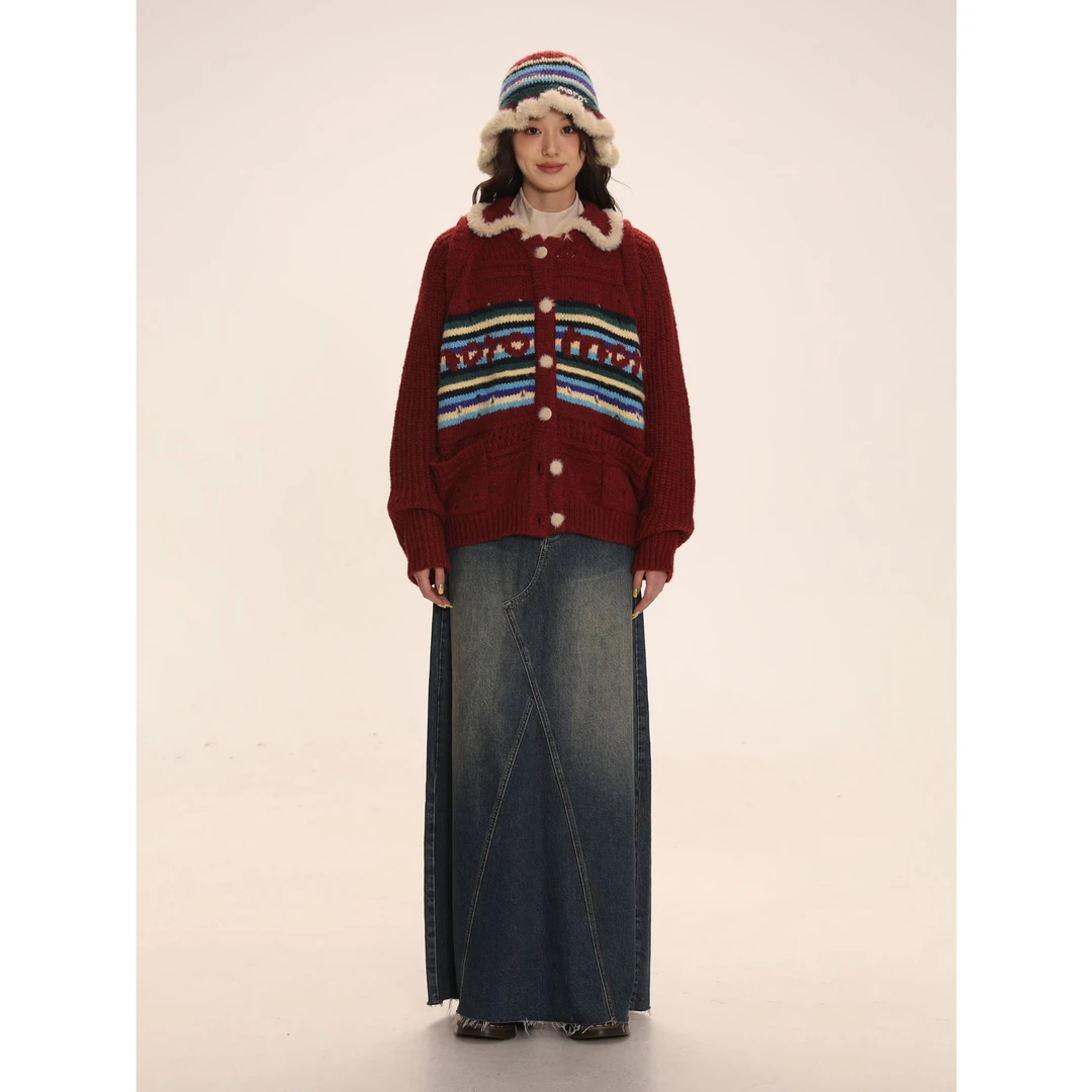 Moromoro升级版摩尔条纹复古毛衣女春季提花宽松软糯针织开衫外套