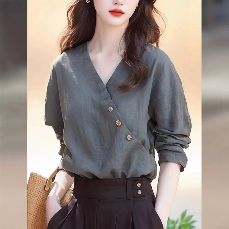 【当天发+退换包邮】2025新款棉麻v领上衣女春夏季棉麻上衣495