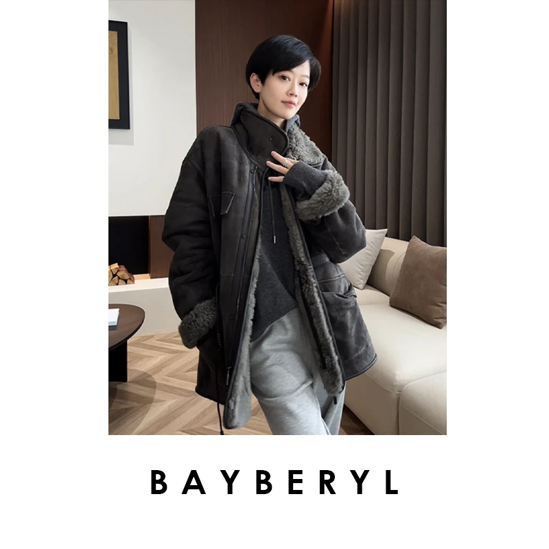 BAYBERYL老贝乌托邦*脏灰抽绳厚一体外套25秋皮衣PY4G2905