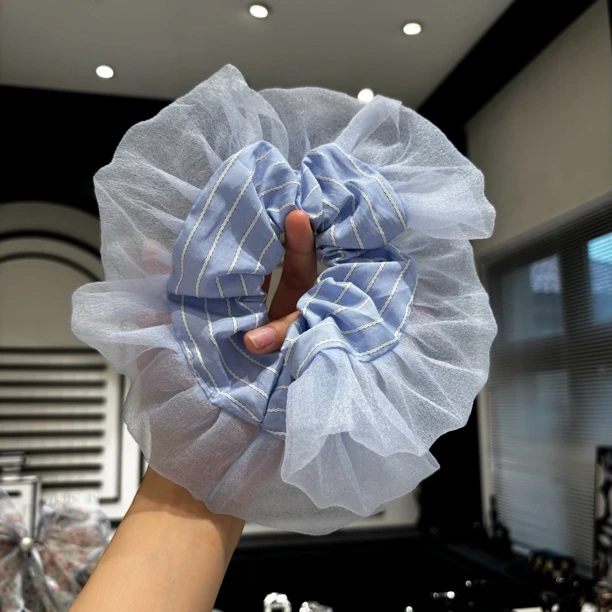 E4428 欧若风芭蕾风奶油蓝色条纹大肠发圈女百搭发绳扎头发橡皮筋