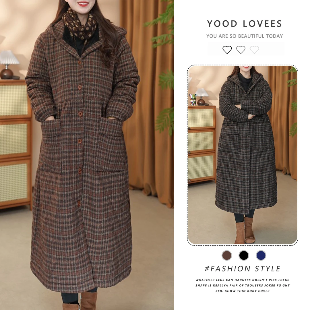咖色格子连帽长款棉服开衫气质设计感女装时尚加绒单排扣保暖外套
