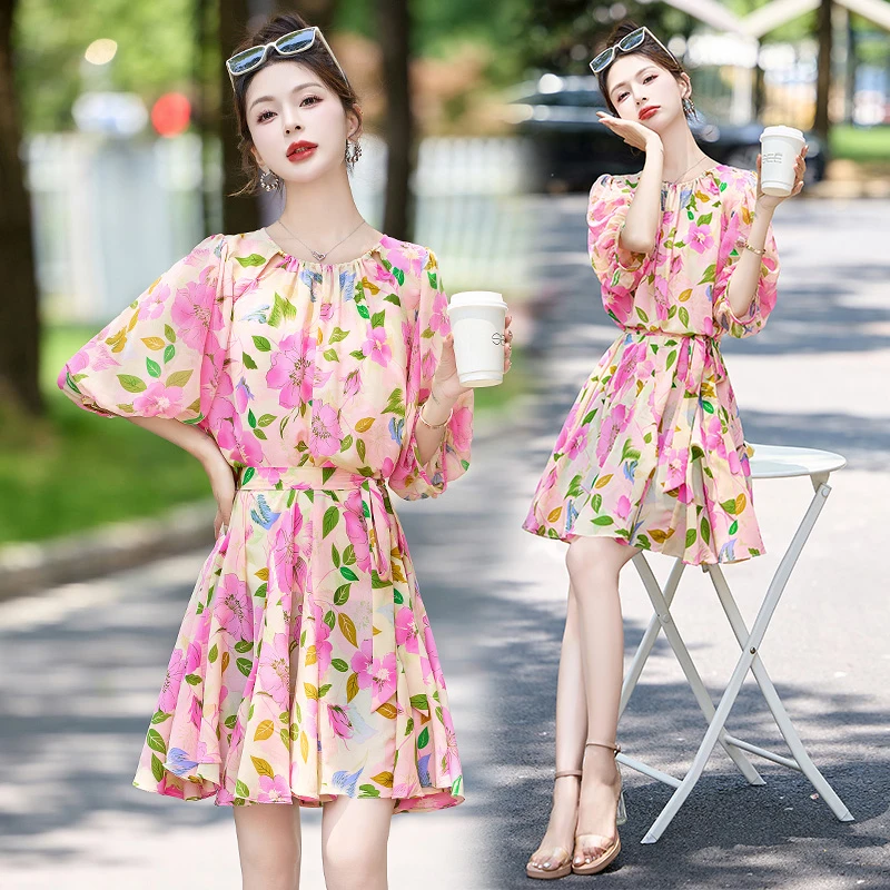 耐脏耐磨夏季白桃风桑蚕丝连衣裙遮肚气质御姐风韩系大码碎花显瘦