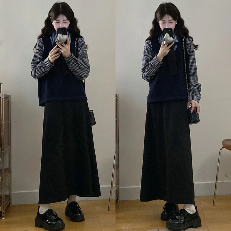 大码胖mm秋季新款学院风假两件蝴蝶结针织衫宽松上衣半身裙套装女