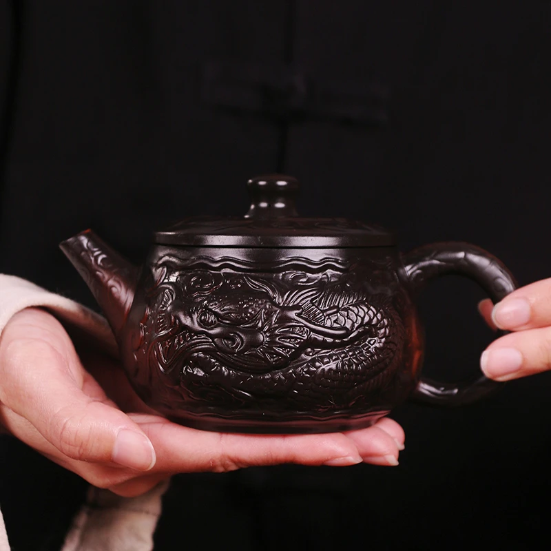 紫陶浮雕祥龙汉瓦凤鸣壶大容量中式泡茶壶复古紫砂壶S