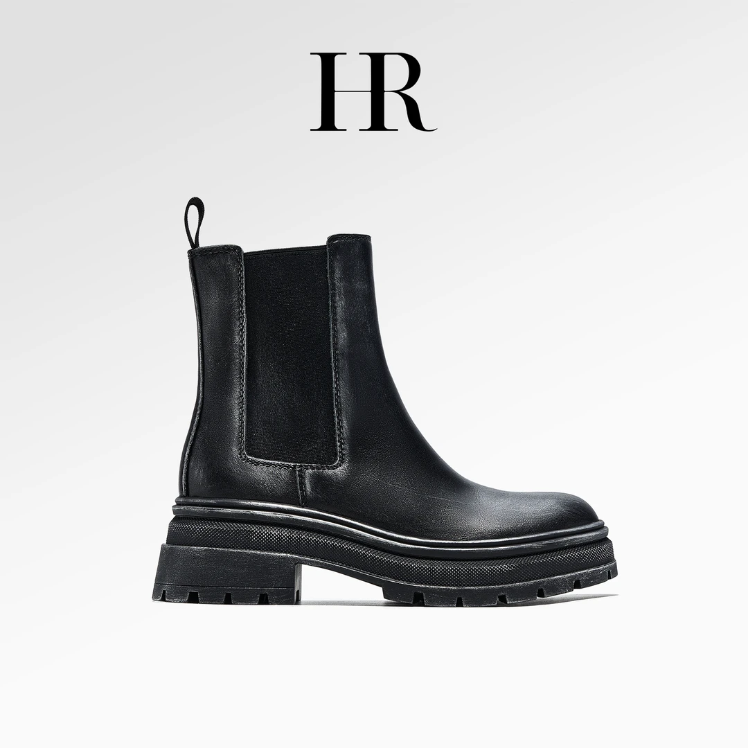HR/赫莲娜女士秋冬高帮时尚真皮黑色厚底马丁靴潮流百搭圆头休闲