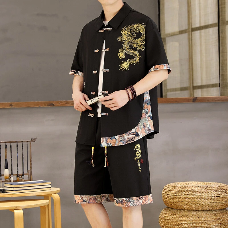 Mexican/稻草人新款短袖衬衫男士夏季中国风绣花时尚休闲短裤套装