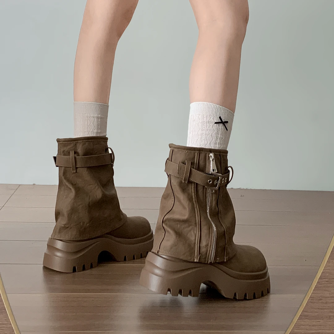 复古英伦风粗跟厚底马丁靴女款2025新款秋季百搭增高显瘦裤管短靴