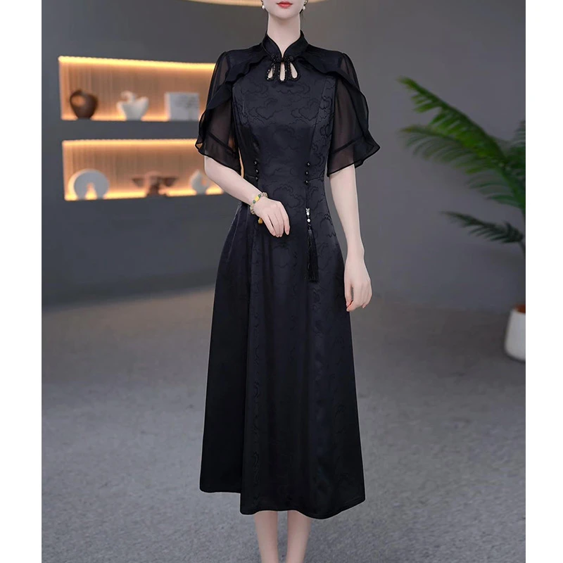 DBF-25A437 新款时尚立领温柔法式重工设计感夏季连衣裙 M-5XL