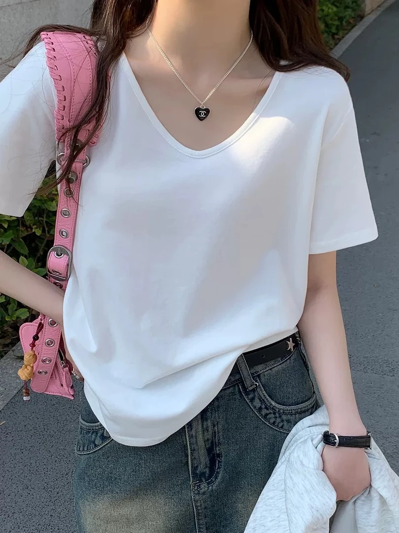 通勤风韩版宽松显瘦简约V领正肩t恤女白色洋气短袖时尚打底衫