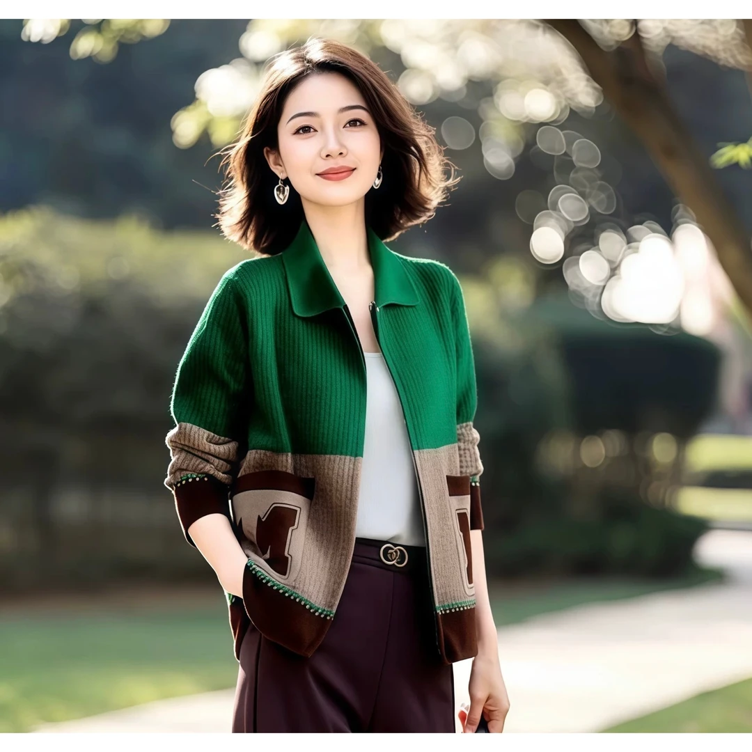 翻领衫针织开衫外套女春秋新款妈妈装拉链毛衣外套