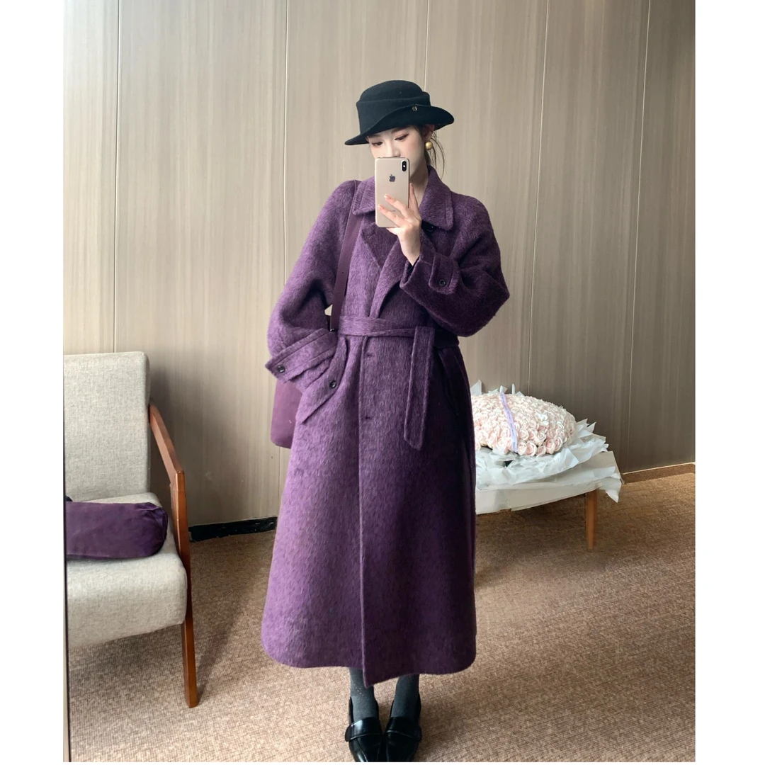 2025新款苏力双面羊毛大衣娃娃领时尚百搭系带毛呢外套22555