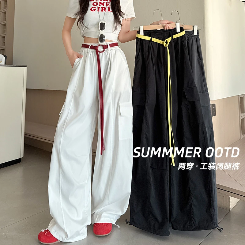 白色美式工装裤女2025夏季爆款小个子高腰显瘦辣妹弯刀休闲阔腿裤