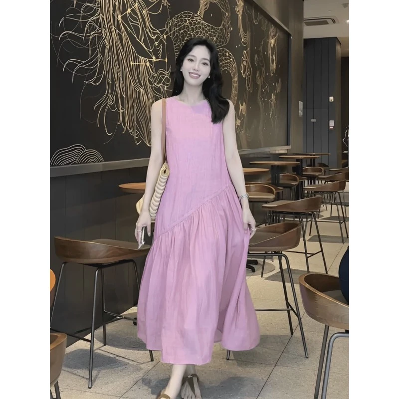粉色棉麻背心连衣裙女2025夏季新款茶歇法式气质拼接无袖亚麻长裙