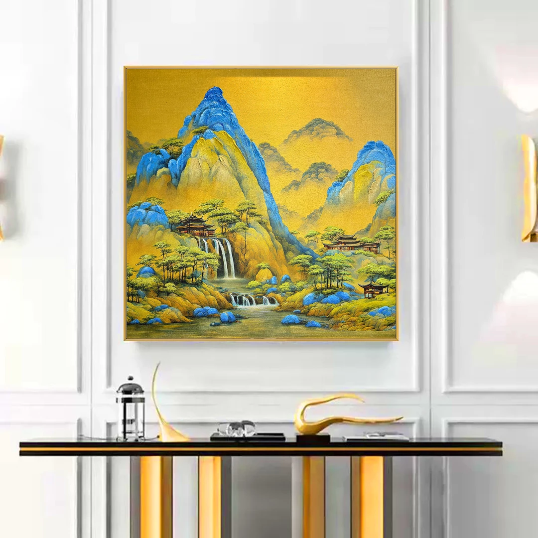 手绘油画《千里江山图》装饰画餐厅油画玄关茶室肌理现代挂画