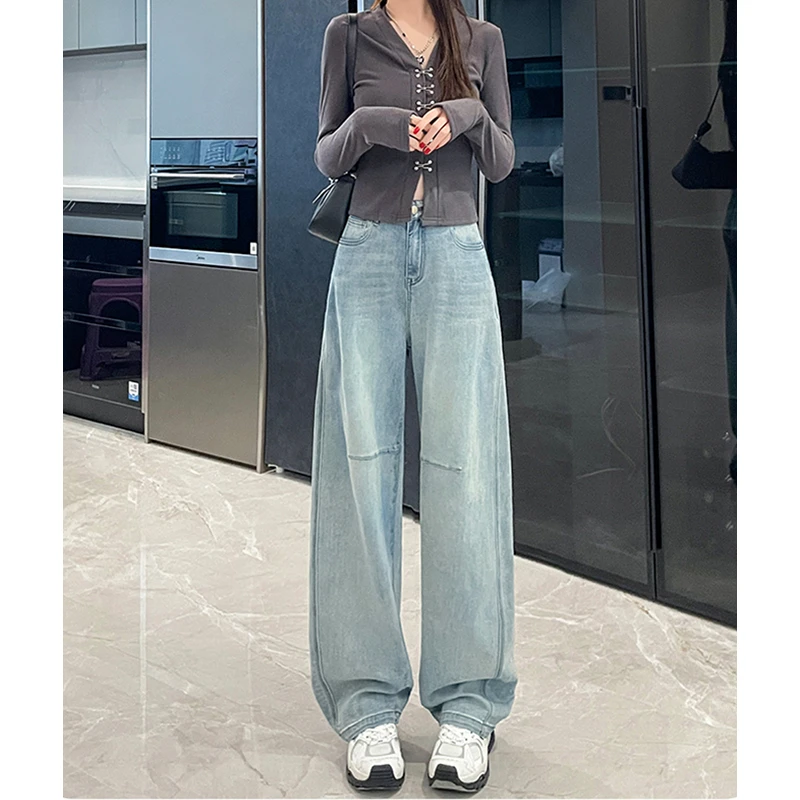 韩系弯刀裤牛仔裤女早秋新款高腰显瘦大码胖mm小个子垂感阔腿裤子