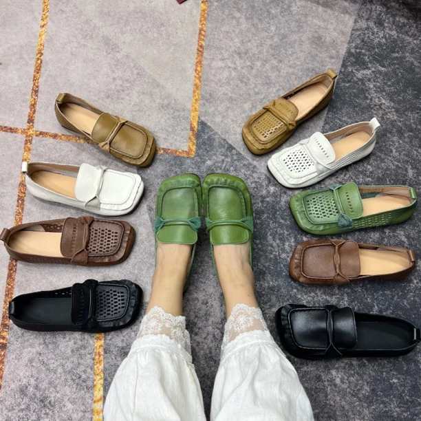 568-1纯牛皮手工复古方头荷叶边糖果镂空女乐福单鞋软皮软底百搭