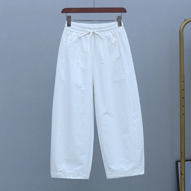 白色宽松显瘦夏季薄款松紧腰休闲裤2025年新款宽松花边哈伦八分裤