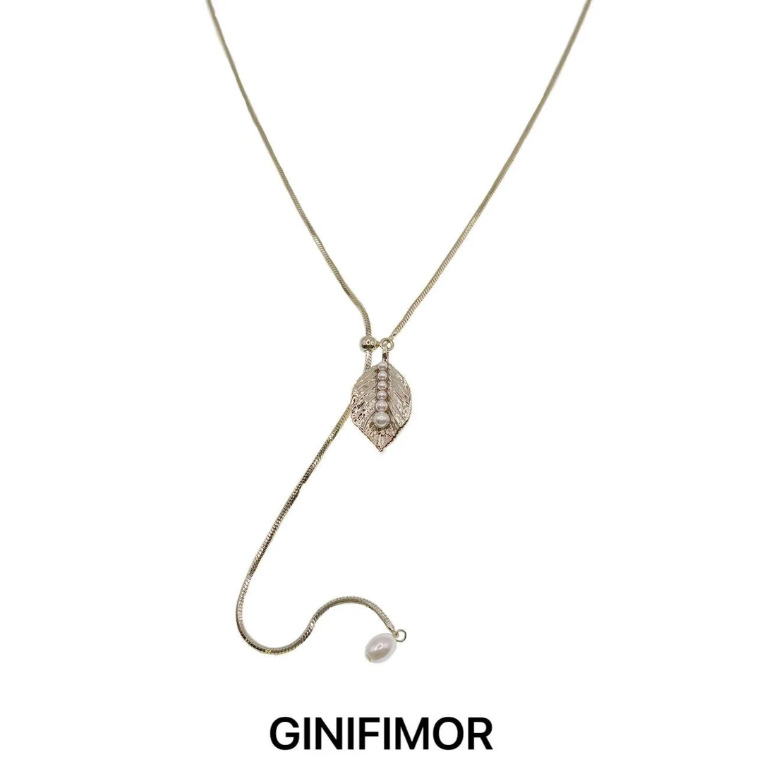 GINIFIMOR 铜合金项链 a674 轻奢时尚树叶可抽拉中长款项链毛衣链