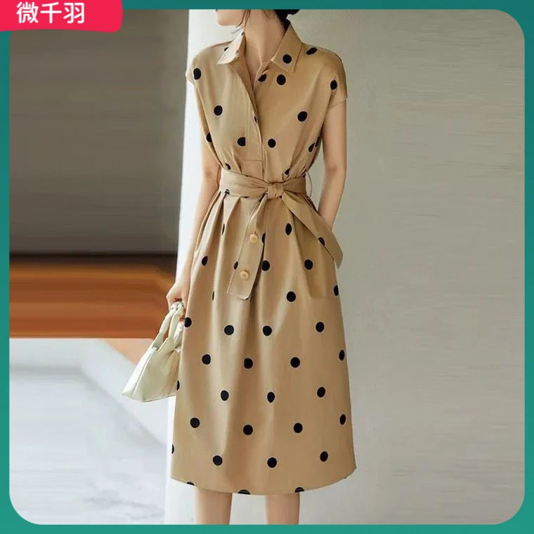 1大码波点连衣裙2025夏季新款复古POLO无袖显瘦衬衫连衣裙夏女l