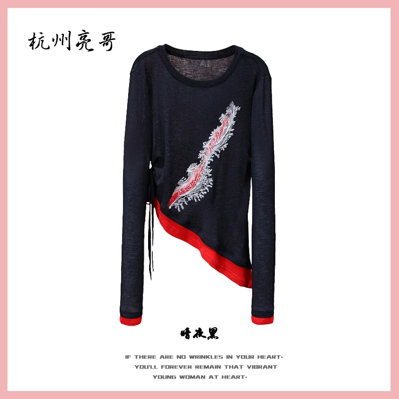 【亮哥女装】2025欧版设计师黑色拼接刺绣抽褶高弹爽肤衣8970-A8