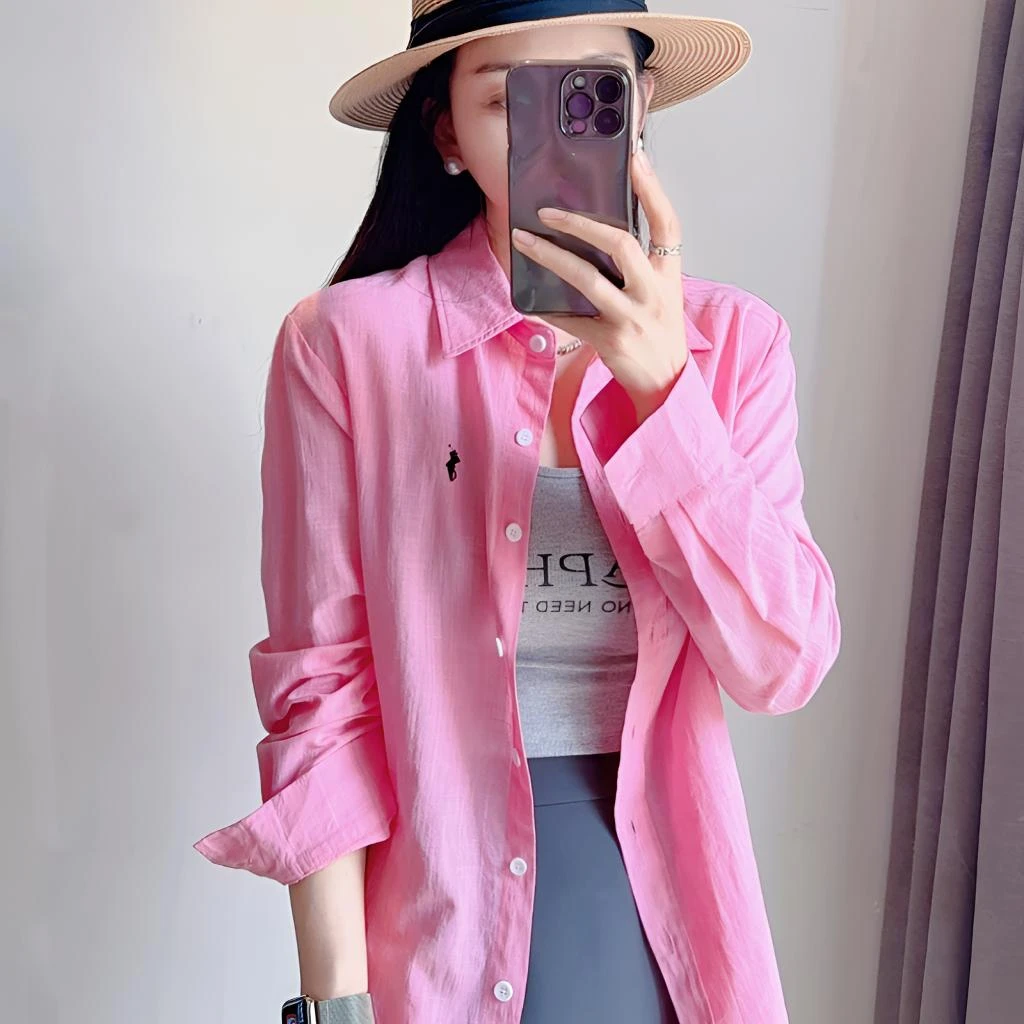 老钱风长袖衬衫女修身慵懒女装刺绣衬衣防晒纯色外穿百搭透气时尚