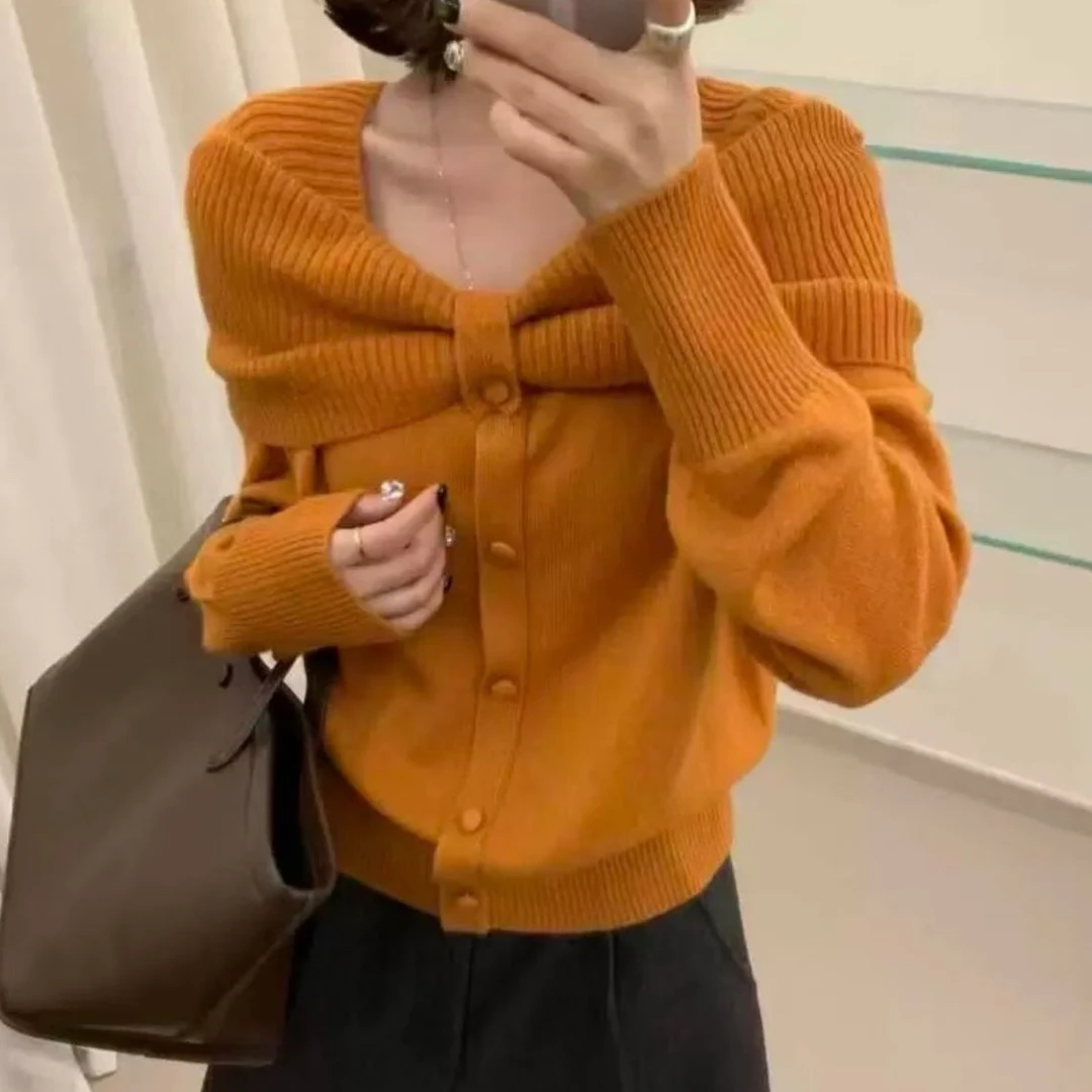 秋冬新款法式蝴蝶结针织衫女修身显瘦百搭