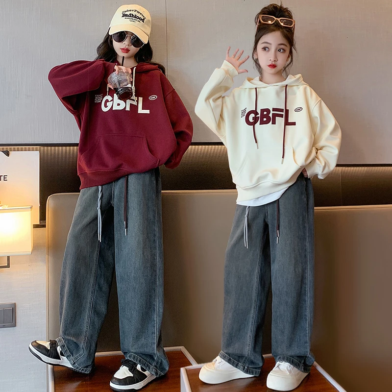 女童洋气休闲韩版洋气连帽卫衣牛仔裤套装