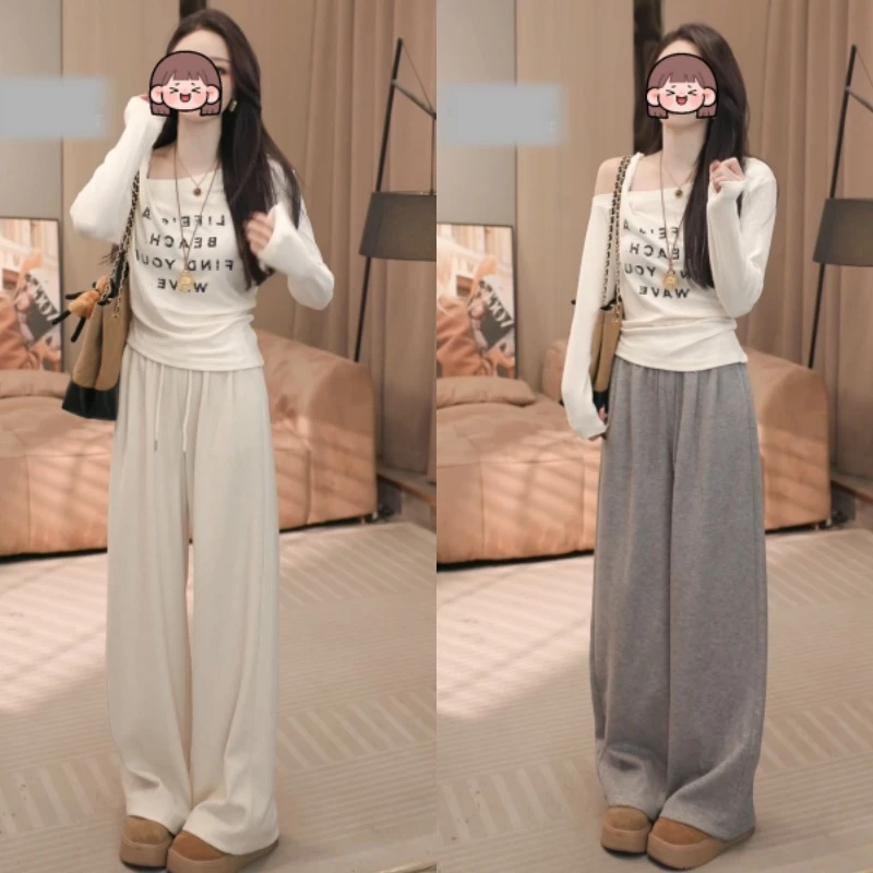 字母通勤拼接薄款显瘦ins长袖T恤+百搭高腰休闲裤LK2506341