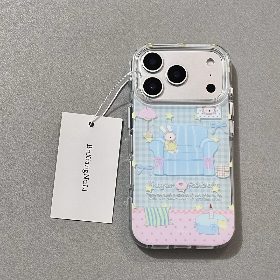 蓝白格纹星星台灯沙发兔子适用苹果17pro手机壳iPhone16全包15/14