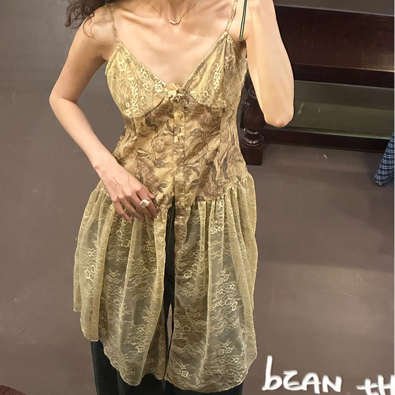 七月伊萨尔 法式油画感蕾丝吊带上衣 复古扎染流浪风小开衫 绝美