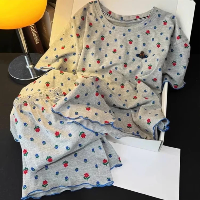 复古小花睡衣女夏季2025新款甜美大码短袖长裤夏天纯棉家居服套装