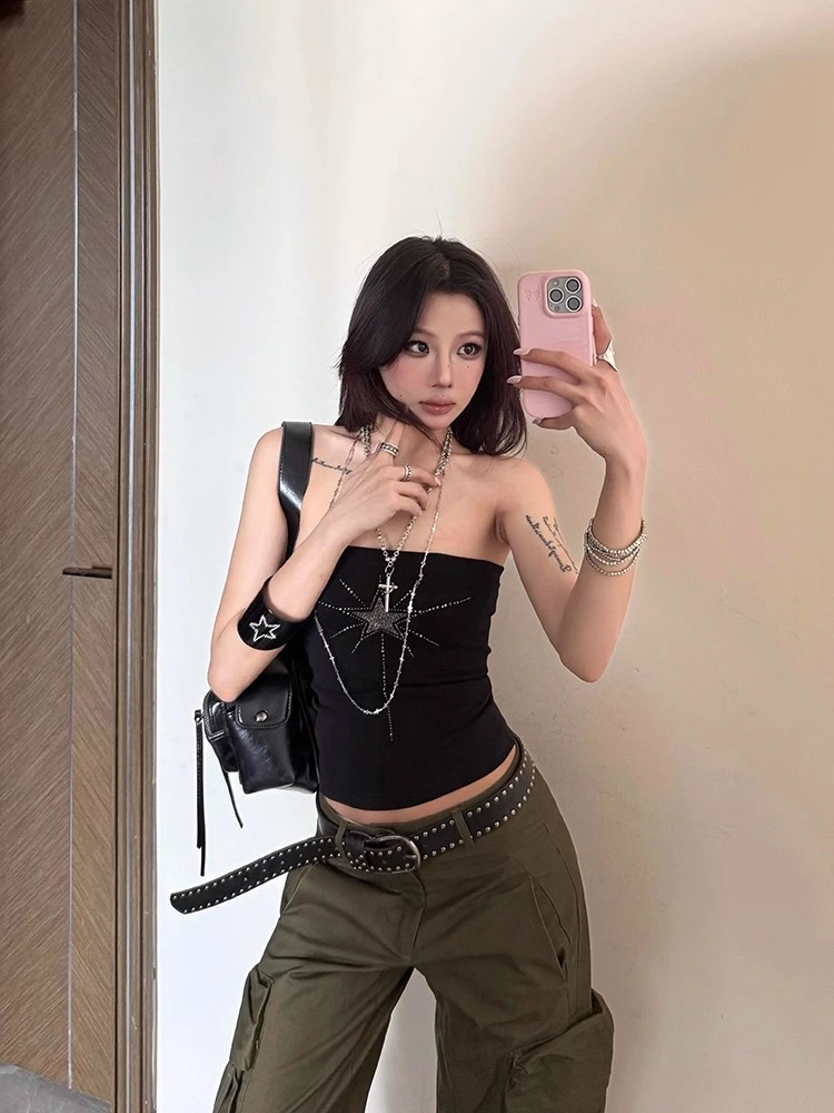 美式黑色烫钻吊带背心女装夏季新款辣妹修身短款外穿无袖抹胸上衣