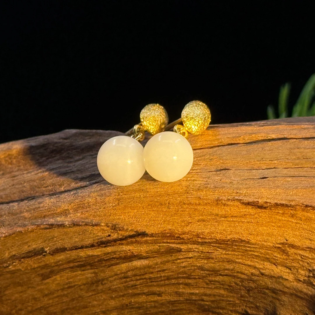 【复古宫廷】和田玉俄料白玉耳钉s925银7.5mm+-多样性发一ls25-1175